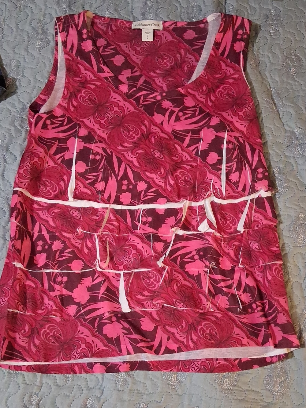 Coldwater Creek Bright Pink Floral Ruffled Sleveless Blouse